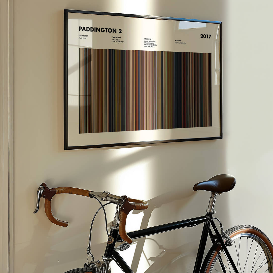 Paddington 2 Movie Barcode Poster framed on the wall of a styled room setting