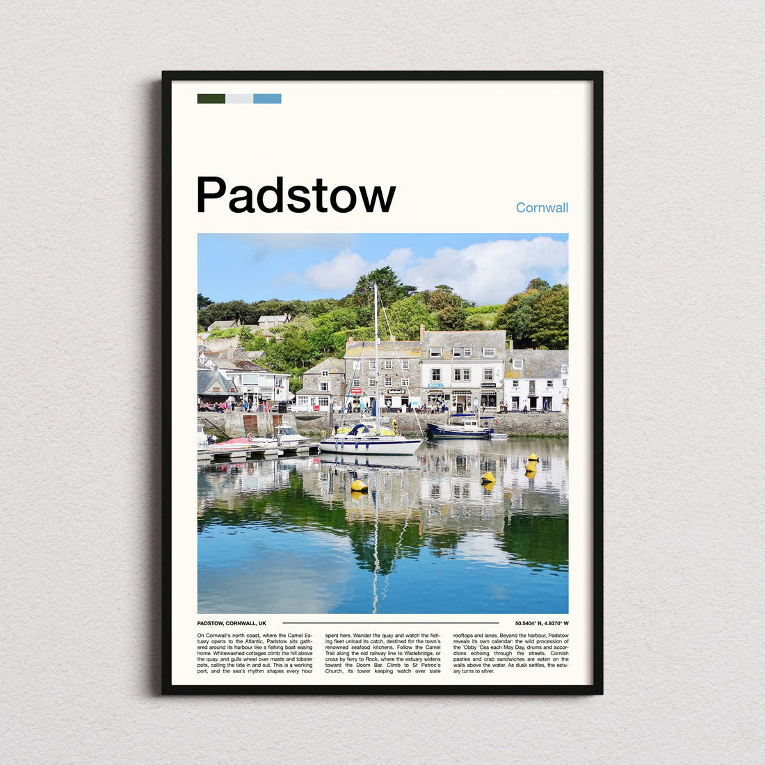 Padstow Harbour Reflections Travel Print framed and photographed straight on