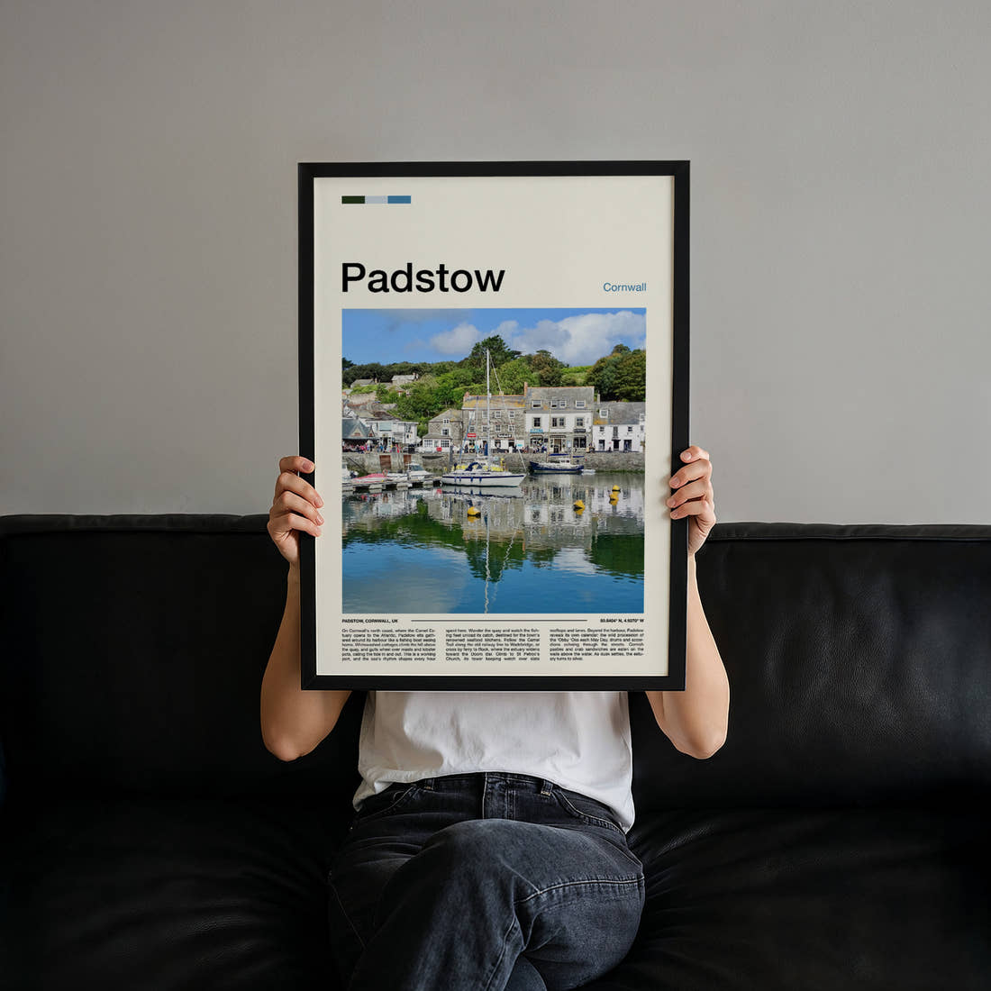 Padstow Harbour Reflections Travel Print held up by hand to show the size of the print
