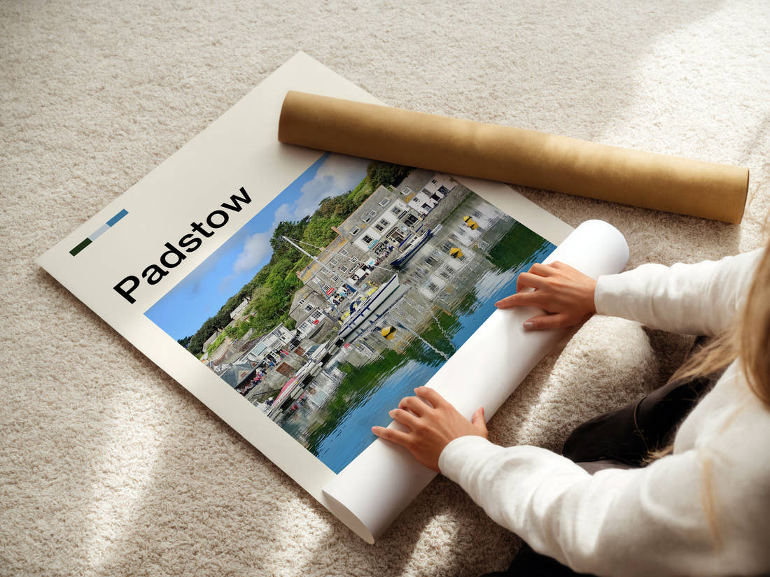 Padstow Harbour Reflections Travel Print being unrolled from its postal tube