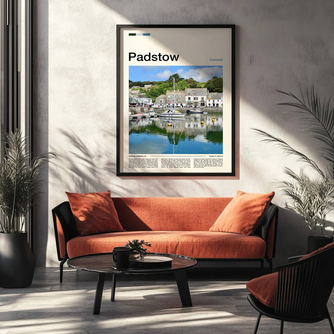 Padstow Harbour Reflections Travel Print framed on the wall of a modern living room