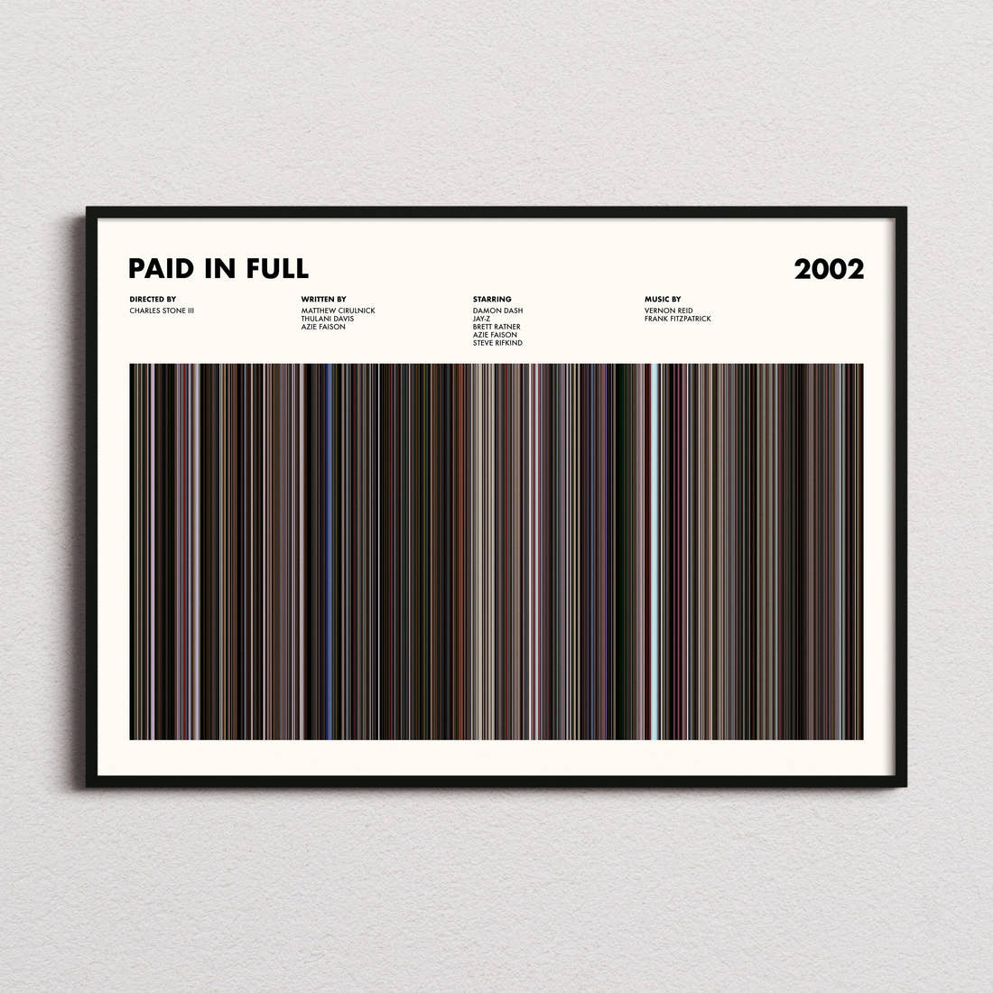 Paid In Full Movie Barcode Poster framed and photographed straight on