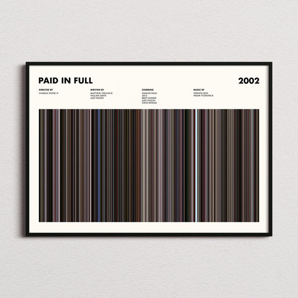 Paid In Full Movie Barcode Poster framed and photographed straight on