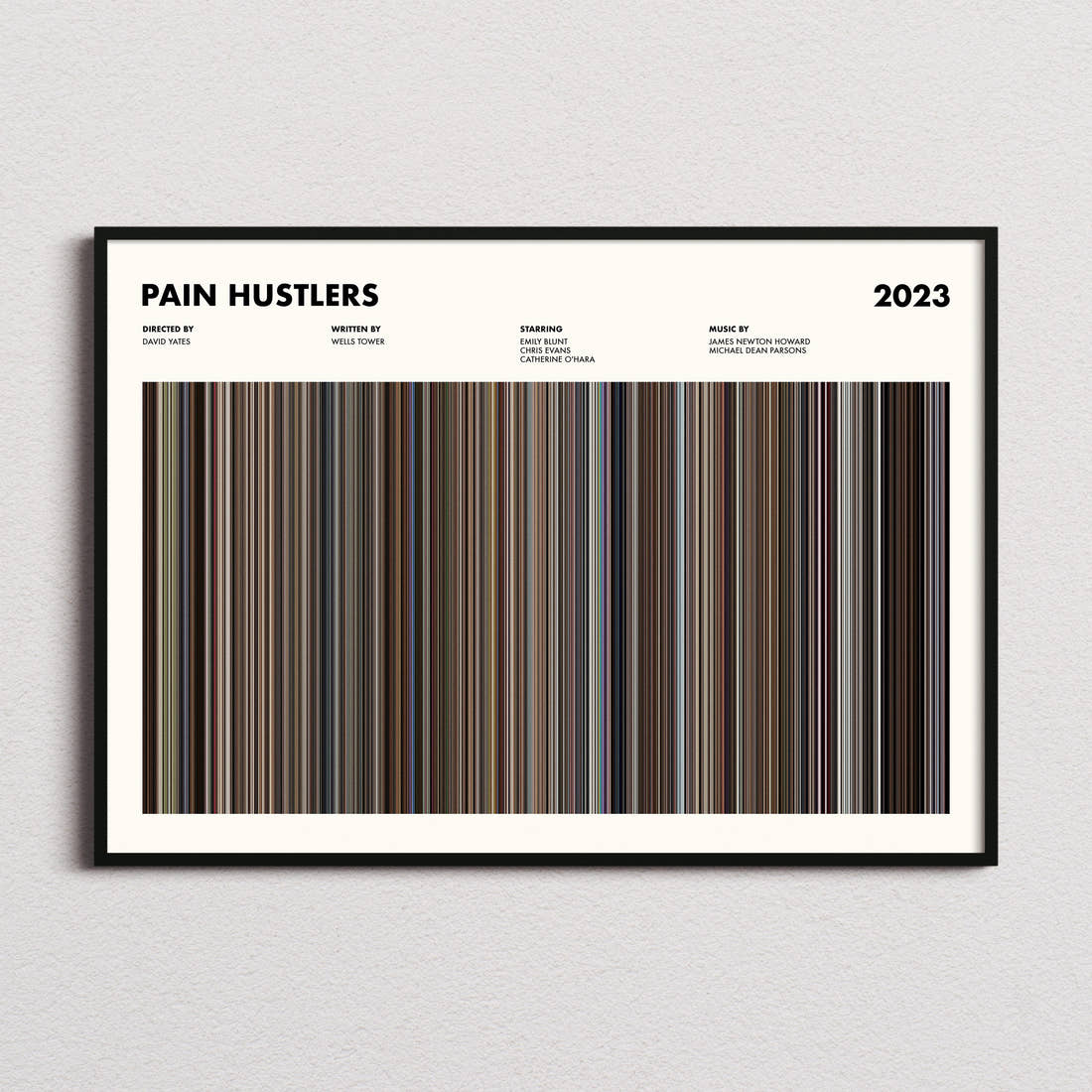 Pain Hustlers Movie Barcode Poster framed and photographed straight on