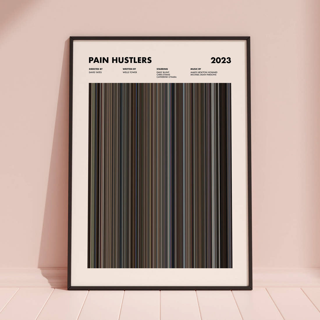 Pain Hustlers Movie Barcode Poster framed and leaning against a coloured wall
