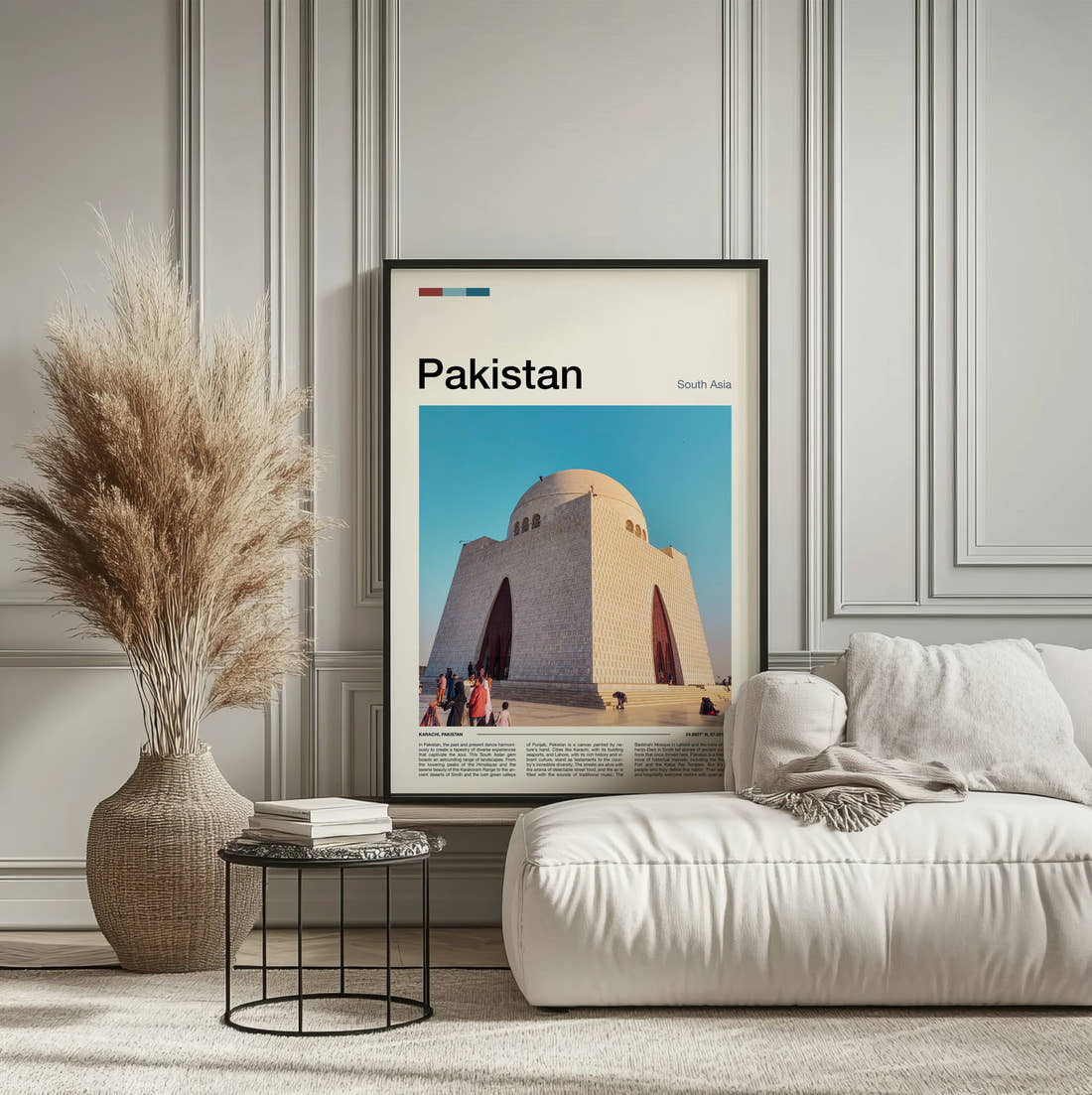 Pakistan Jinnah Mausoleum Travel Print framed on the wall of a calm, neutral bedroom