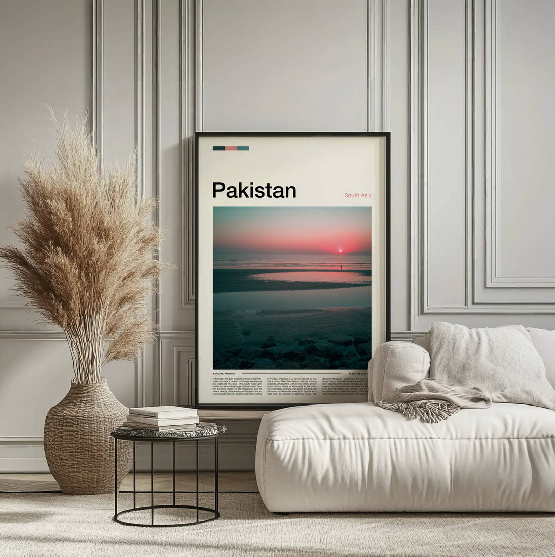 Pakistan Sunset Over The Sea Travel Print framed on the wall of a calm, neutral bedroom