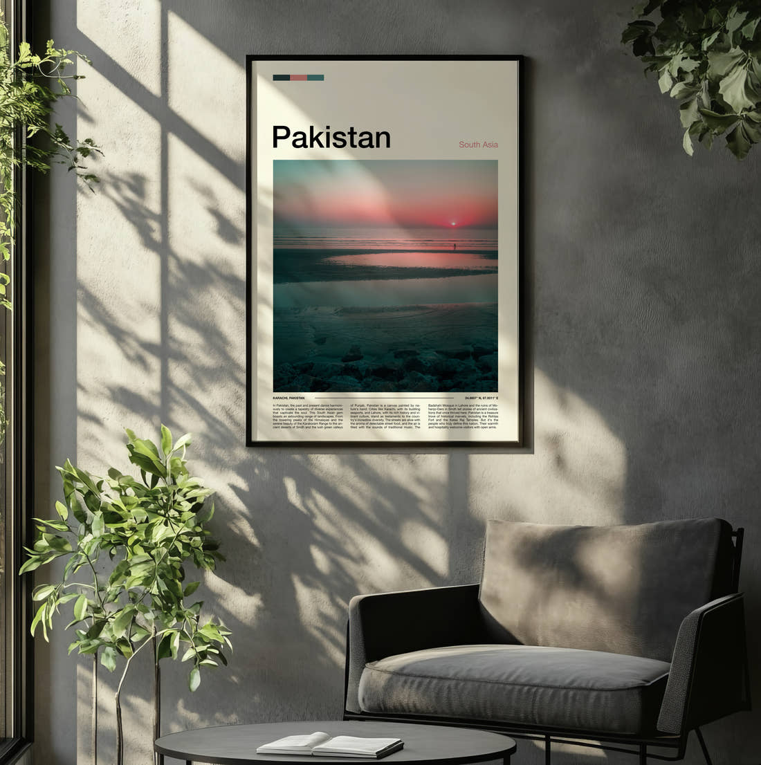 Pakistan Sunset Over The Sea Travel Print framed on the wall of a relaxed living room