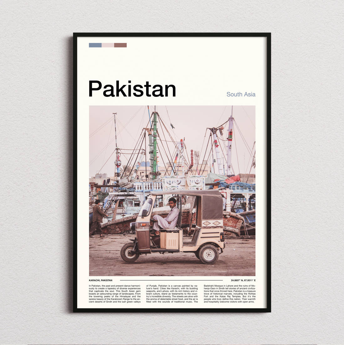 Pakistan Auto Rickshaw And Boats Travel Print framed and photographed straight on