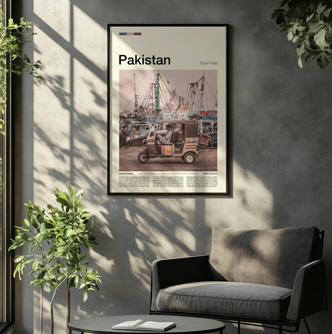Pakistan Auto Rickshaw And Boats Travel Print framed on the wall of a relaxed living room