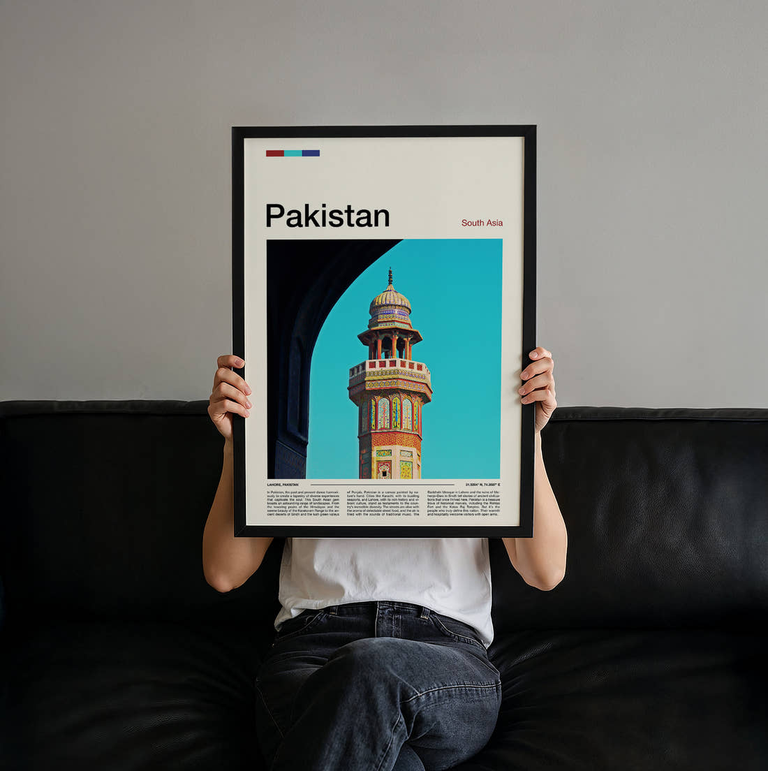 Pakistan Decorated Minaret Travel Print held up by hand to show the size of the print