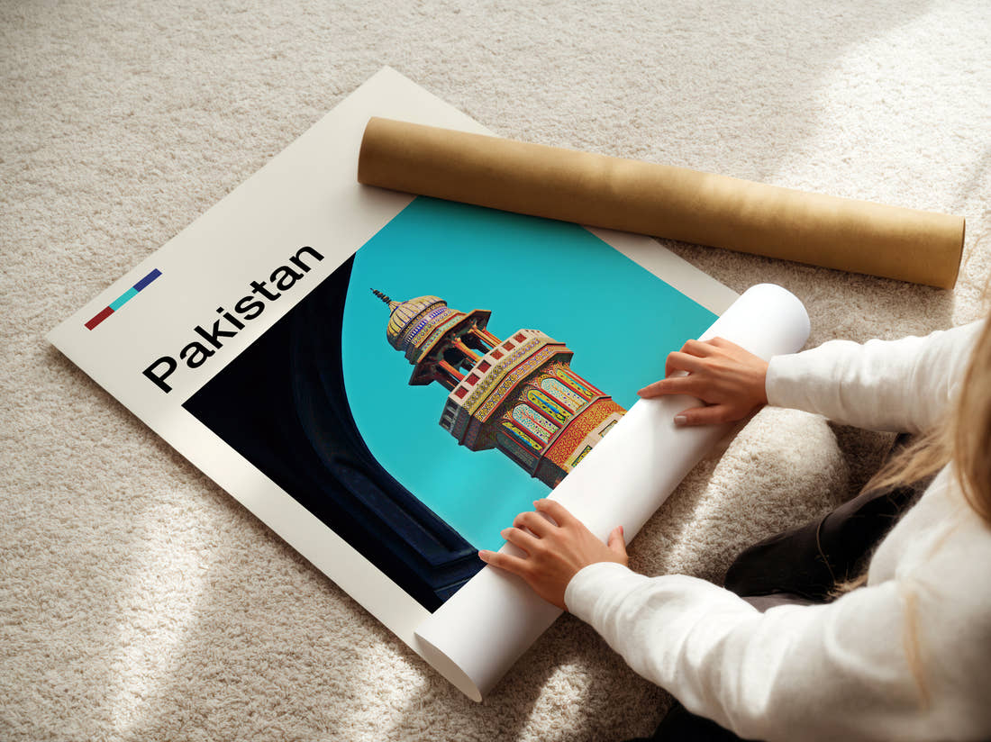 Pakistan Decorated Minaret Travel Print being unrolled from its postal tube