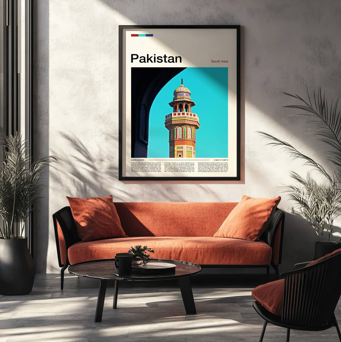 Pakistan Decorated Minaret Travel Print framed on the wall of a modern living room