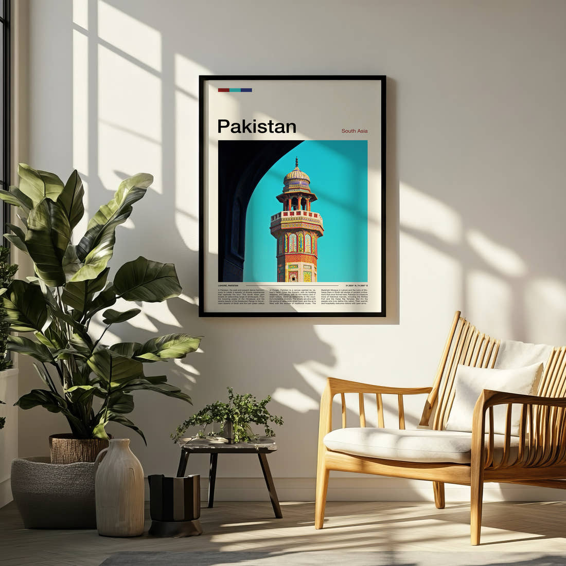 Pakistan Decorated Minaret Travel Print framed on a pale wall beside houseplants