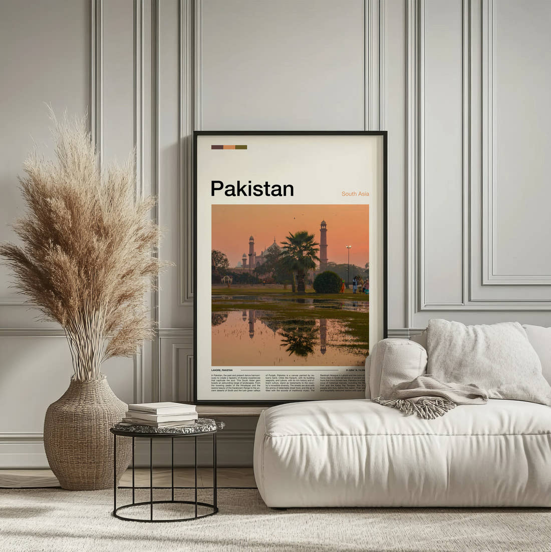 Pakistan Badshahi Mosque At Sunset Travel Print framed on the wall of a calm, neutral bedroom