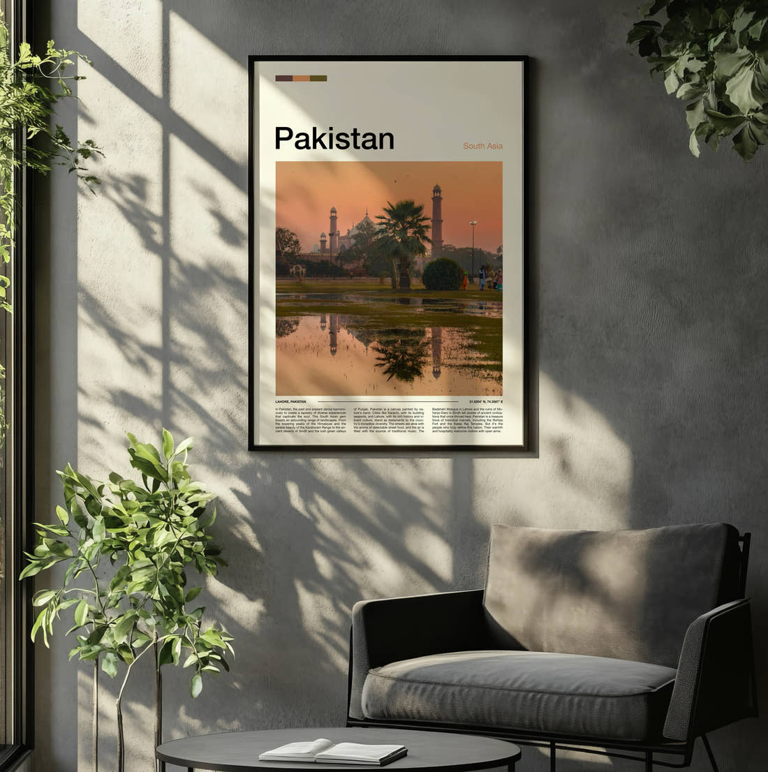 Pakistan Badshahi Mosque At Sunset Travel Print framed on the wall of a relaxed living room