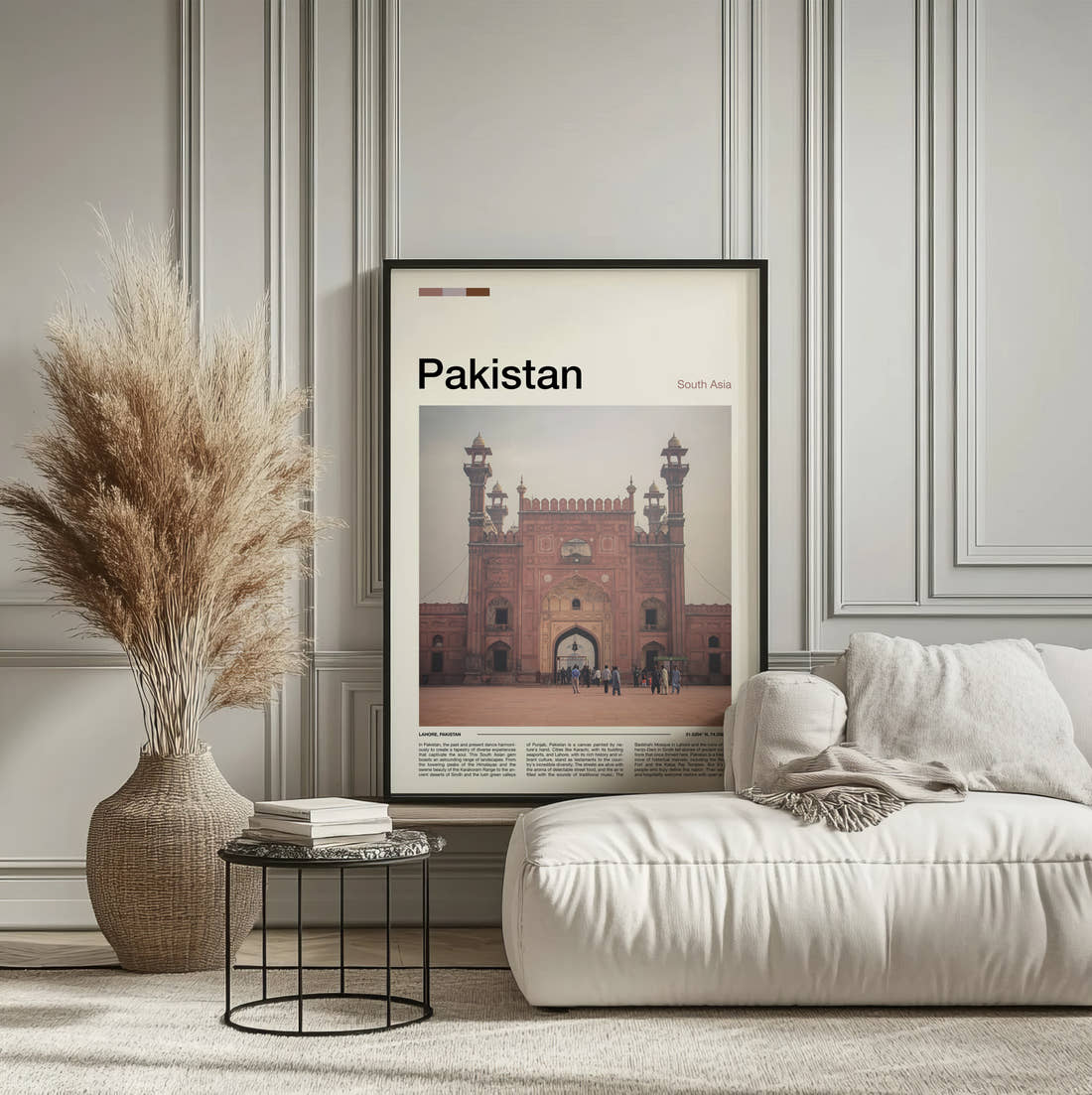 Pakistan Badshahi Mosque Gateway Travel Print framed on the wall of a calm, neutral bedroom