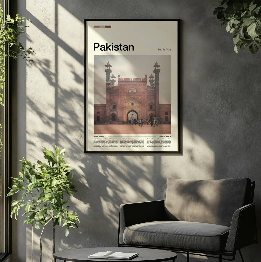 Pakistan Badshahi Mosque Gateway Travel Print framed on the wall of a relaxed living room