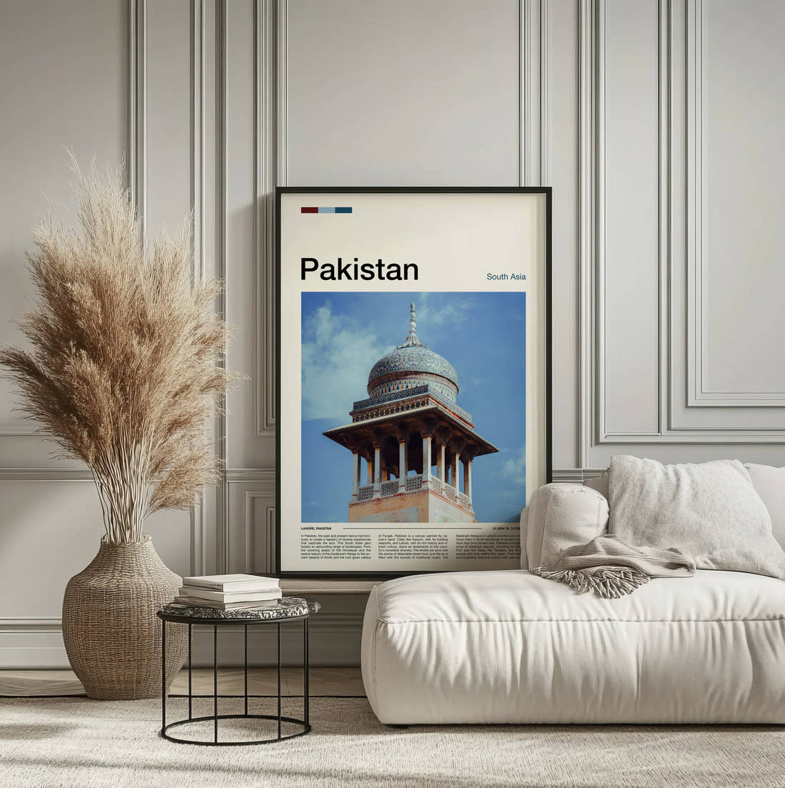 Pakistan Domed Mughal Pavilion Travel Print framed on the wall of a calm, neutral bedroom