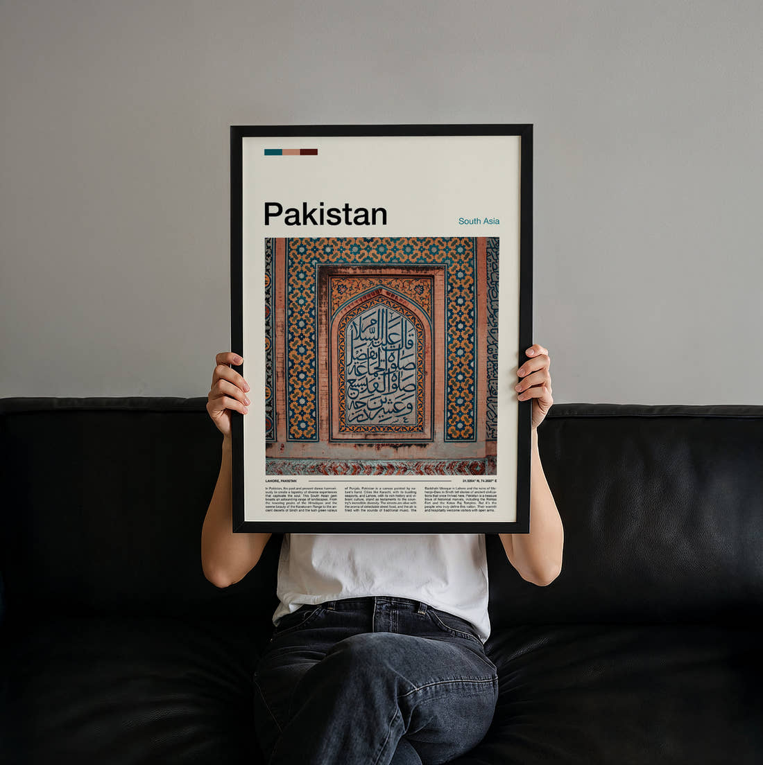 Pakistan Tiled Calligraphy Panel Travel Print held up by hand to show the size of the print