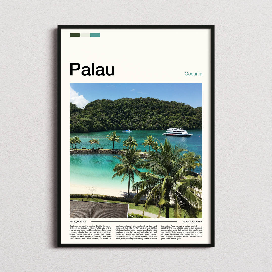Palau Turquoise Lagoon View Travel Print framed and photographed straight on