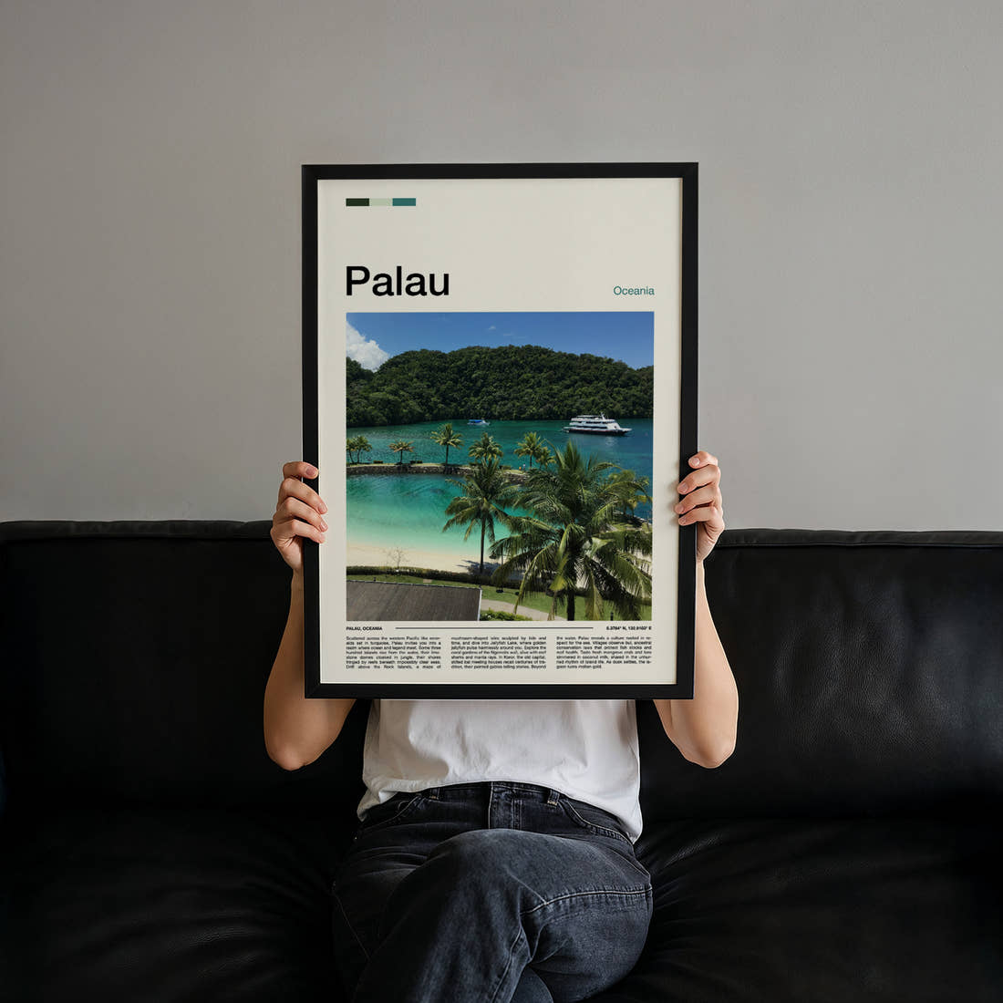 Palau Turquoise Lagoon View Travel Print held up by hand to show the size of the print