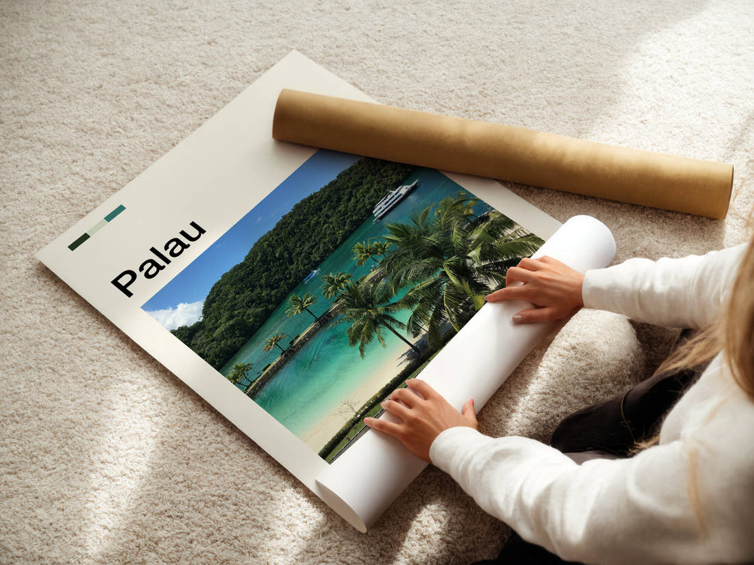 Palau Turquoise Lagoon View Travel Print being unrolled from its postal tube