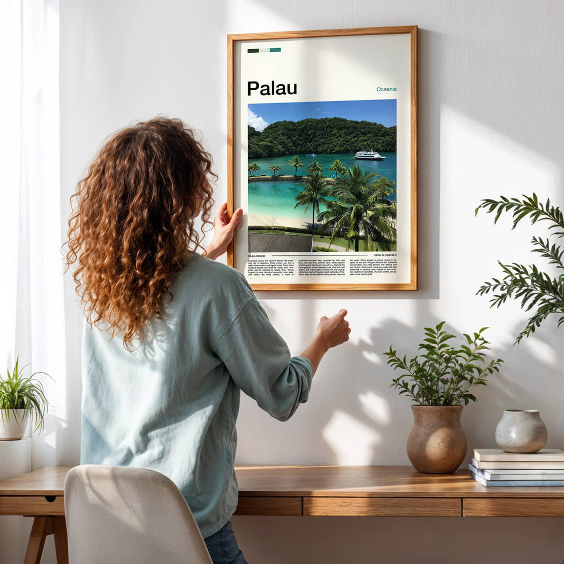 Palau Turquoise Lagoon View Travel Print framed on a pale wall beside houseplants