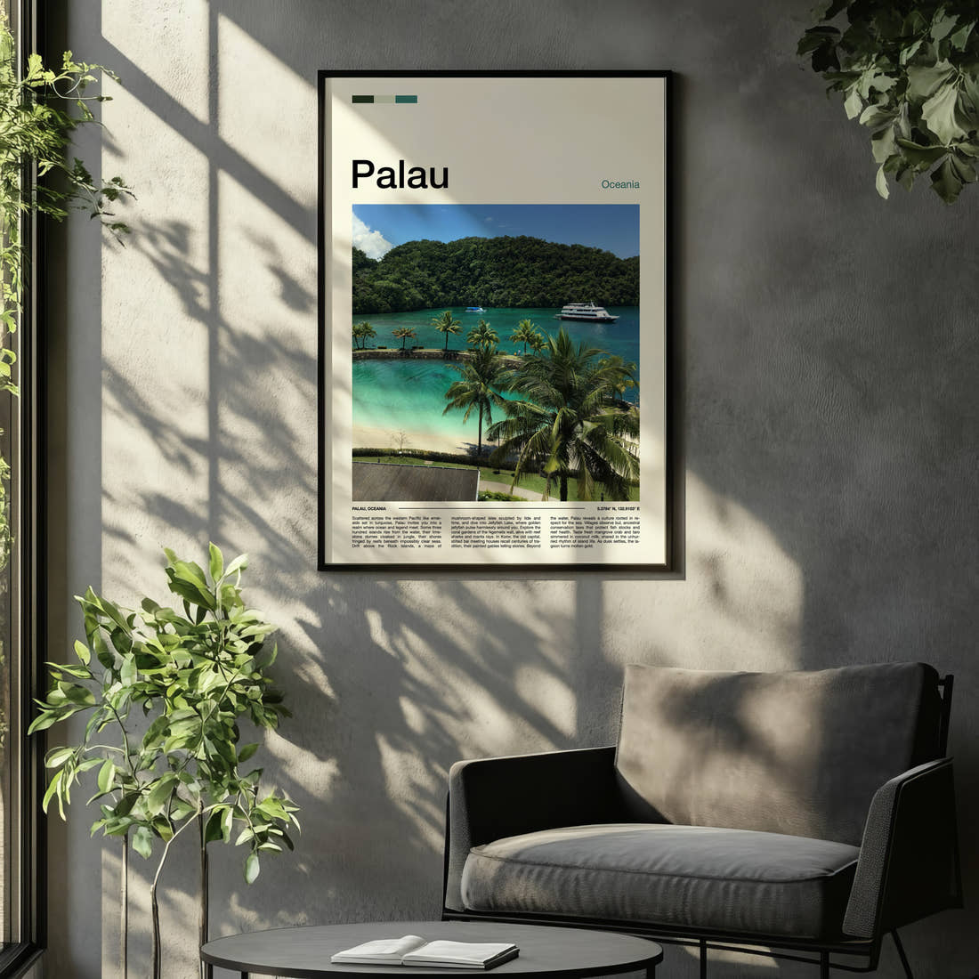 Palau Turquoise Lagoon View Travel Print framed on the wall of a relaxed living room
