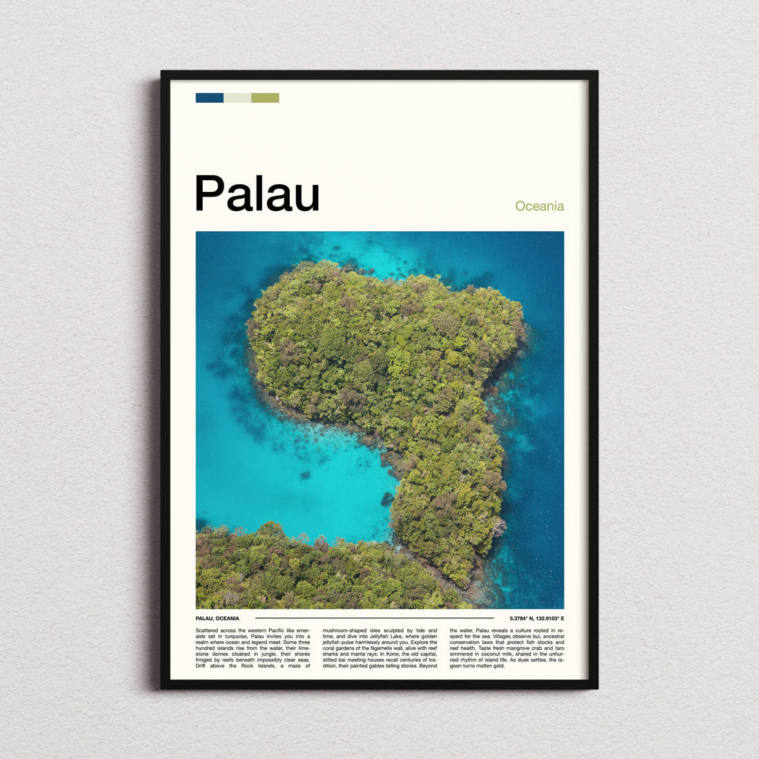 Palau Aerial Rock Islands Travel Print framed and photographed straight on