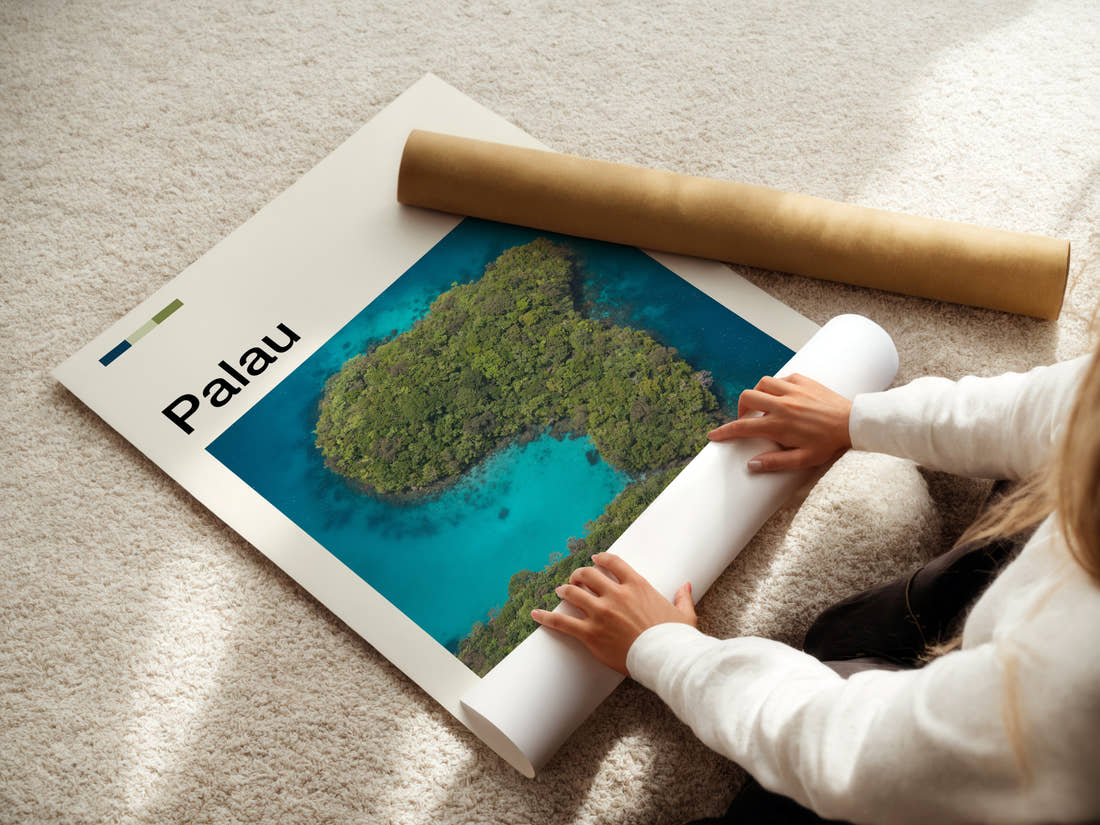 Palau Aerial Rock Islands Travel Print being unrolled from its postal tube