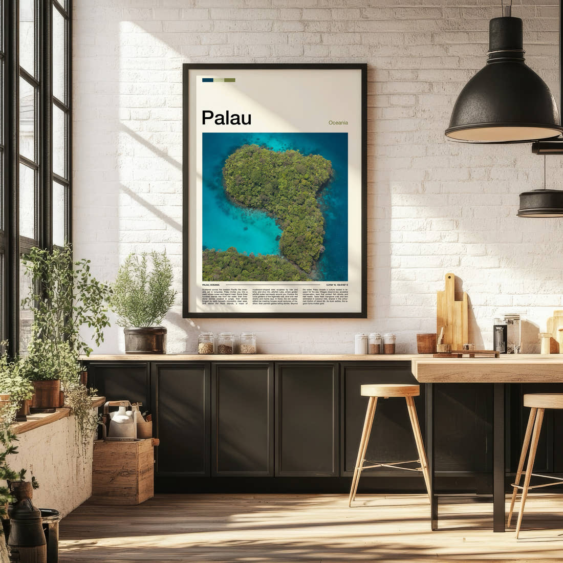 Palau Aerial Rock Islands Travel Print framed on the wall of a bright kitchen and dining space