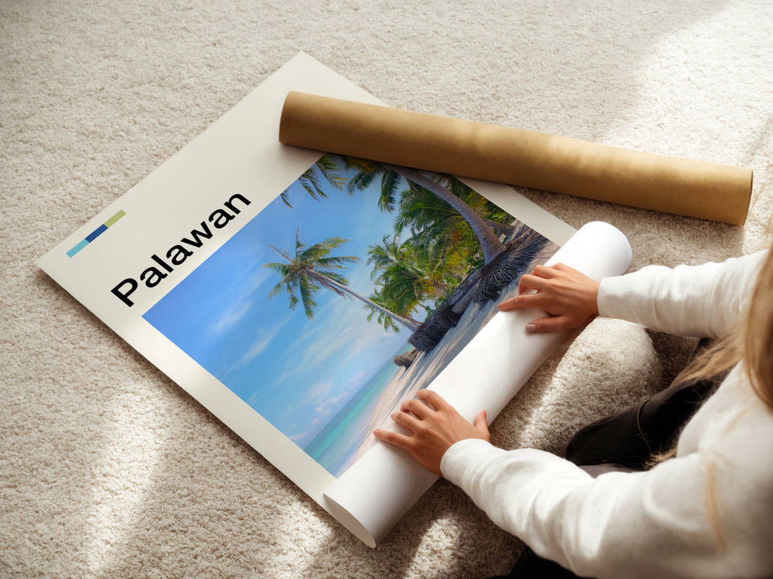 Palawan Palm Trees On The Beach Travel Print being unrolled from its postal tube
