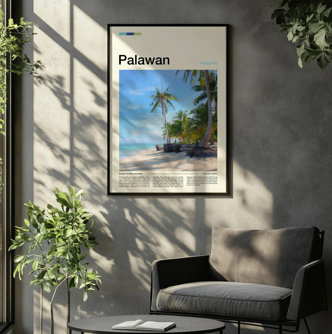 Palawan Palm Trees On The Beach Travel Print framed on the wall of a relaxed living room