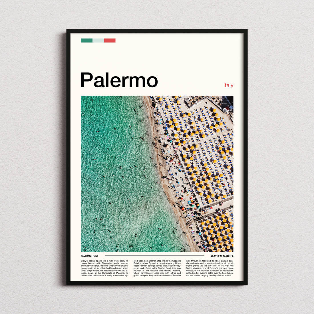 Palermo Aerial Beach View Travel Print framed and photographed straight on