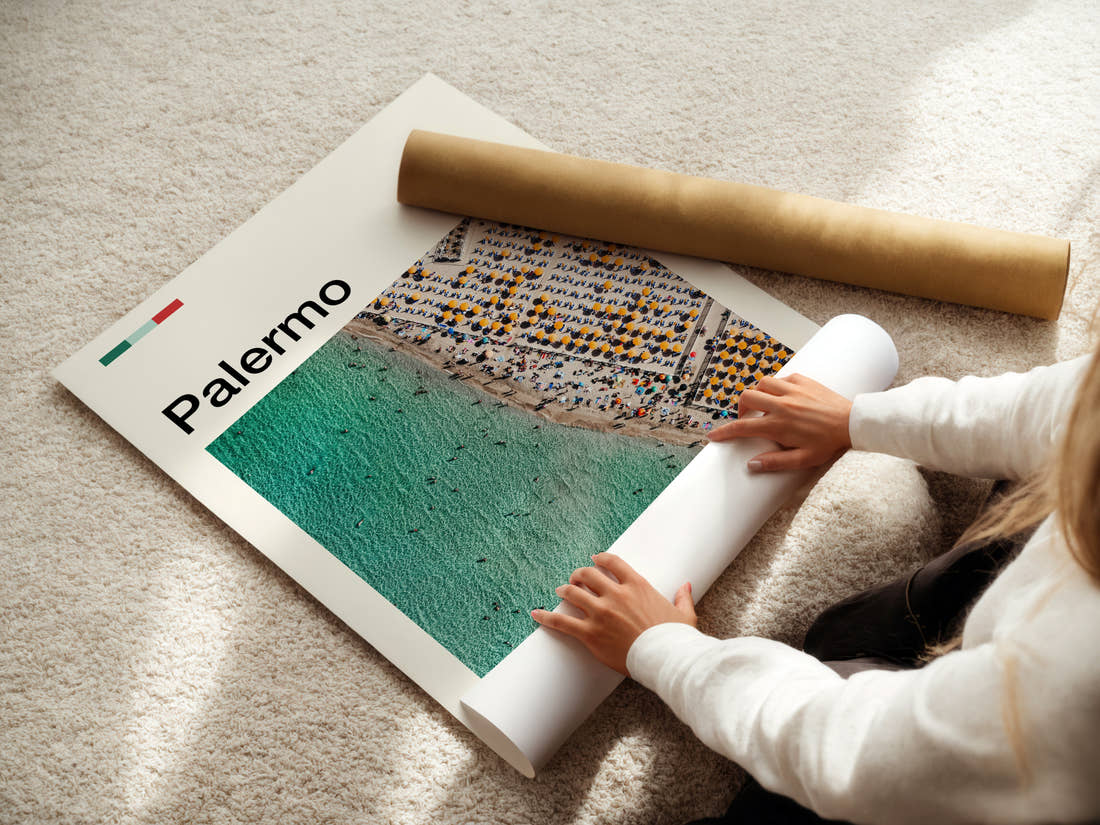 Palermo Aerial Beach View Travel Print being unrolled from its postal tube