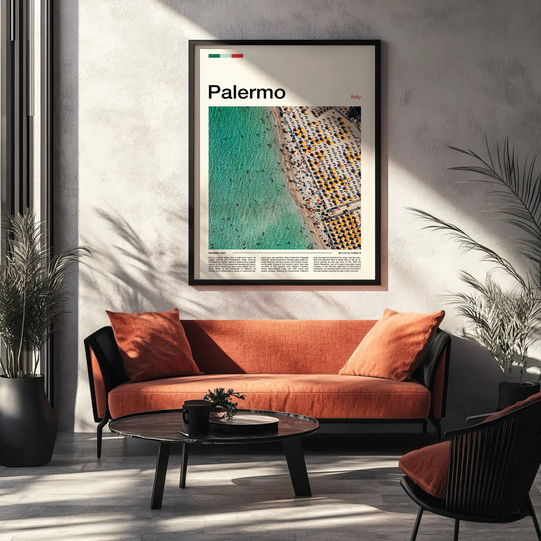 Palermo Aerial Beach View Travel Print framed on the wall of a modern living room