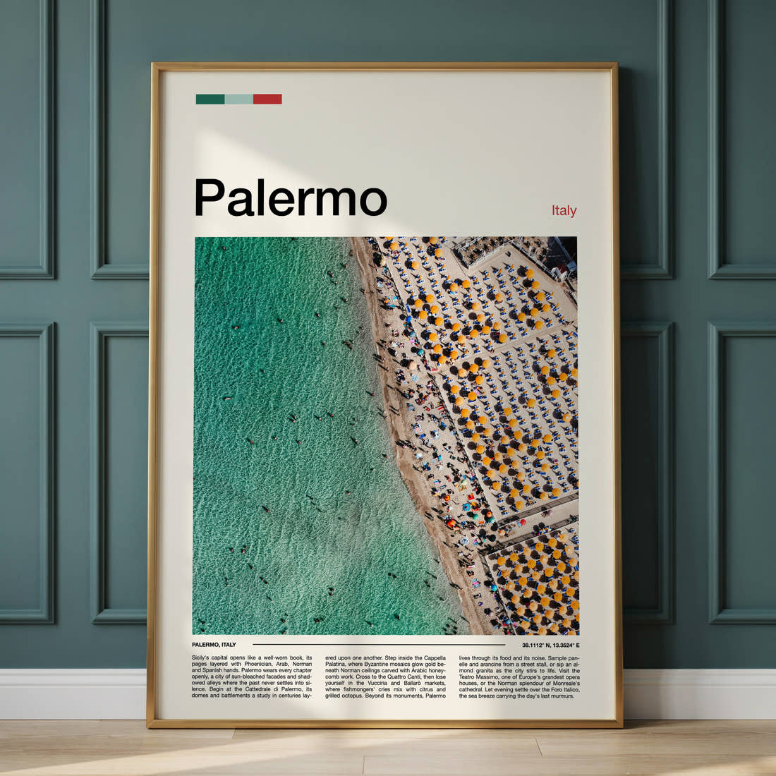 Palermo Aerial Beach View Travel Print framed on the wall of a calm, neutral bedroom