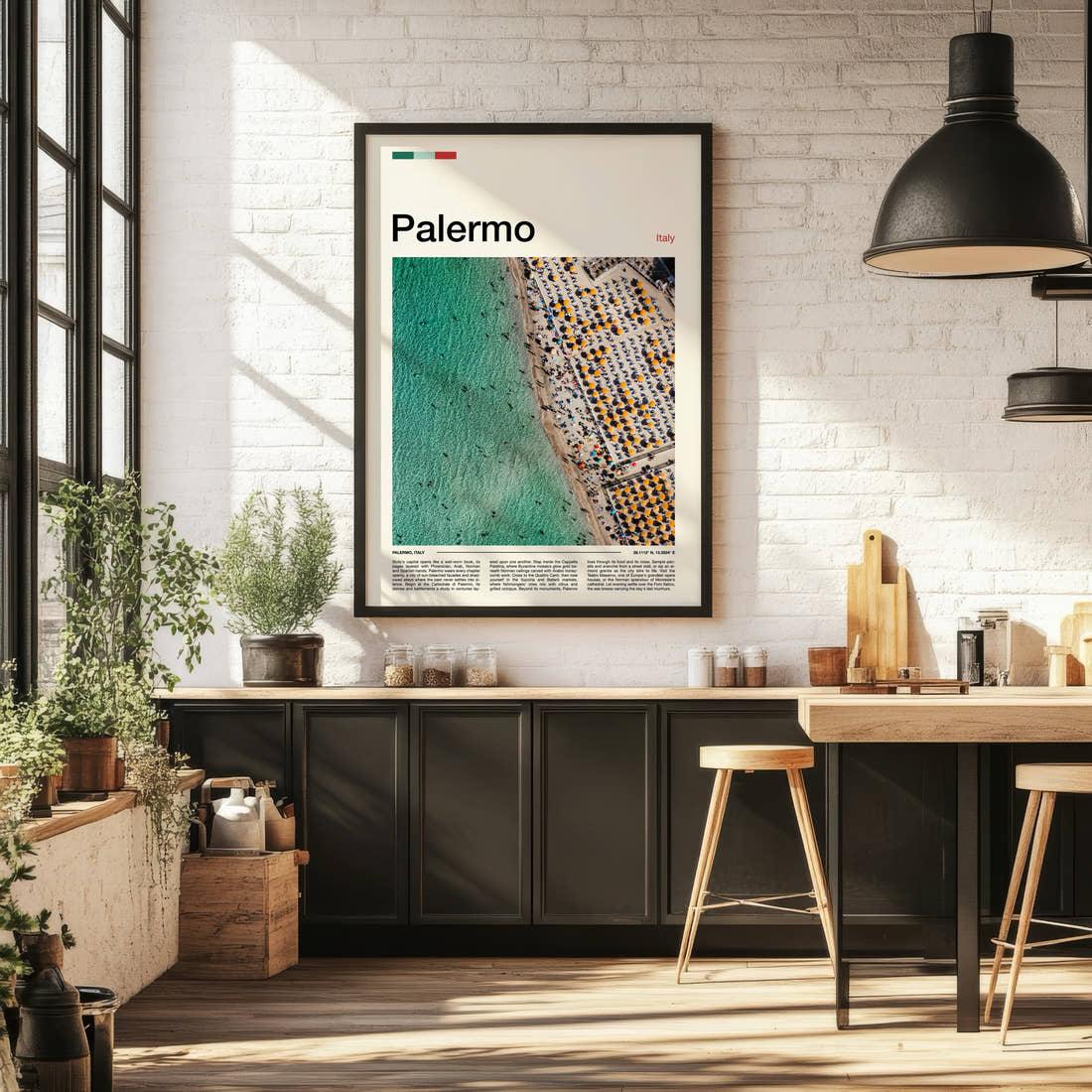 Palermo Aerial Beach View Travel Print framed on the wall of a bright kitchen and dining space