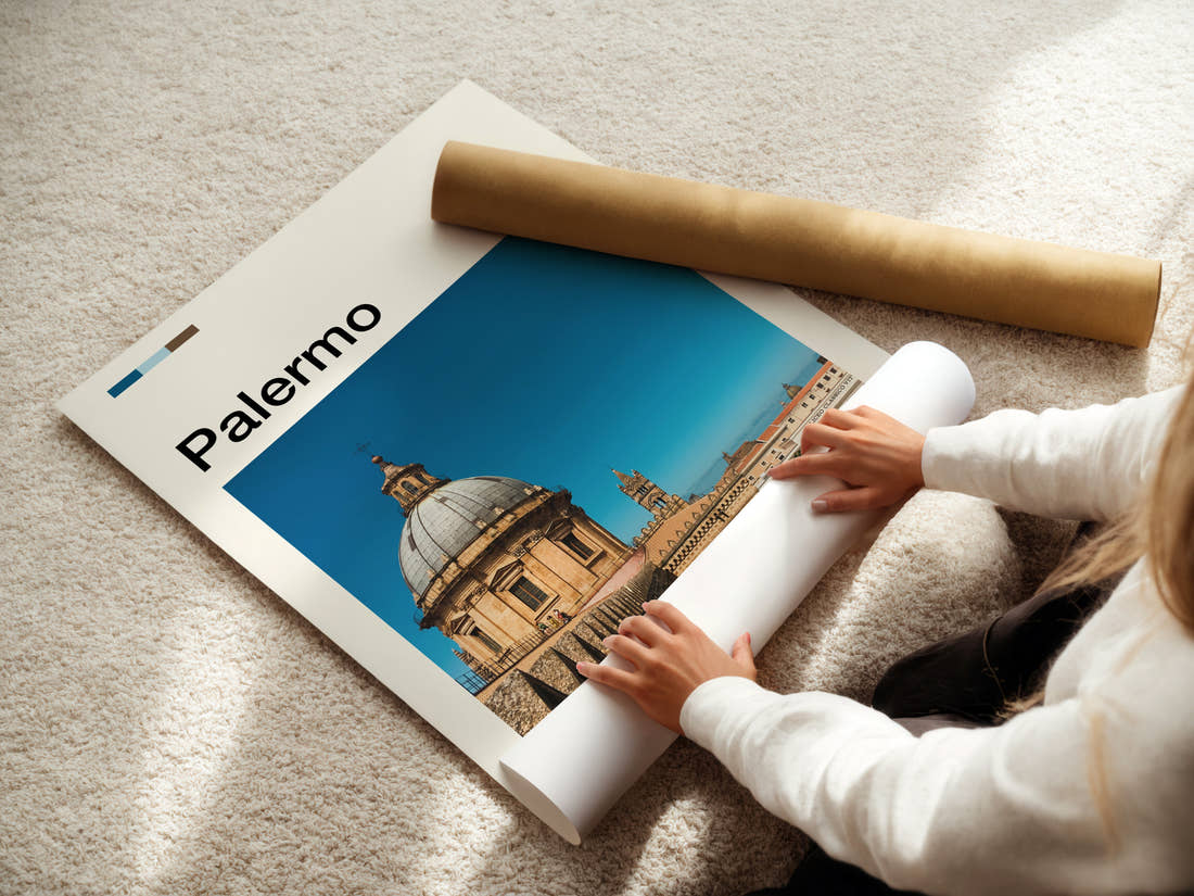 Palermo Cathedral Dome View Travel Print being unrolled from its postal tube