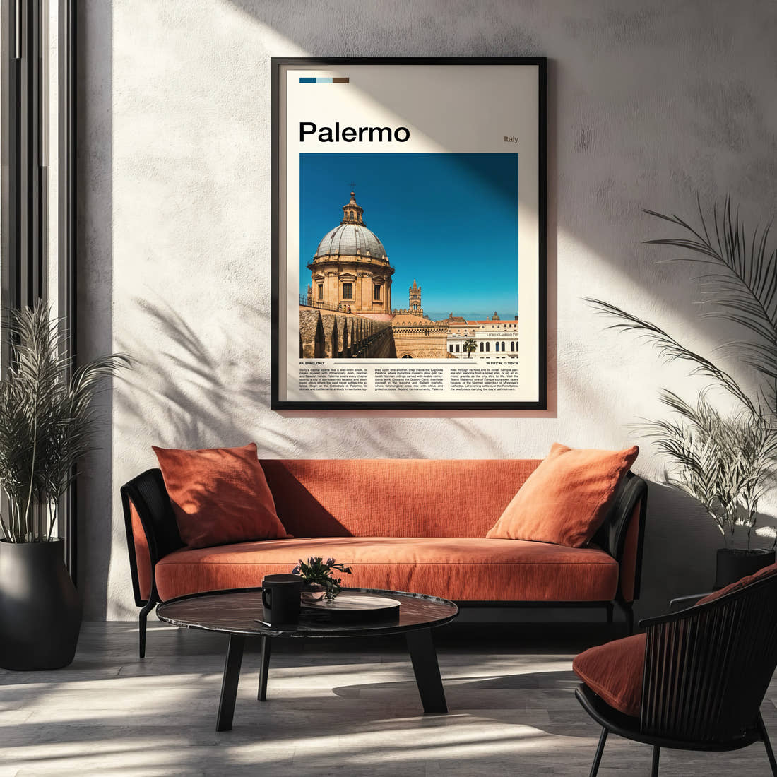 Palermo Cathedral Dome View Travel Print framed on the wall of a modern living room