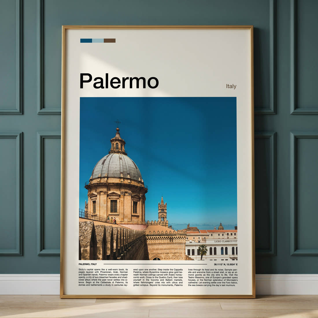 Palermo Cathedral Dome View Travel Print framed on the wall of a calm, neutral bedroom
