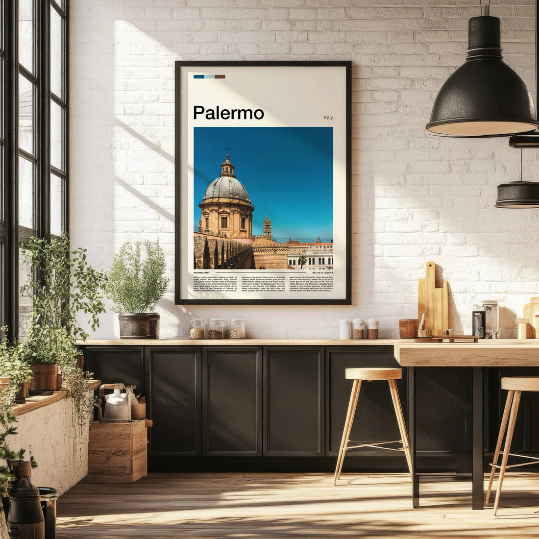 Palermo Cathedral Dome View Travel Print framed on the wall of a bright kitchen and dining space