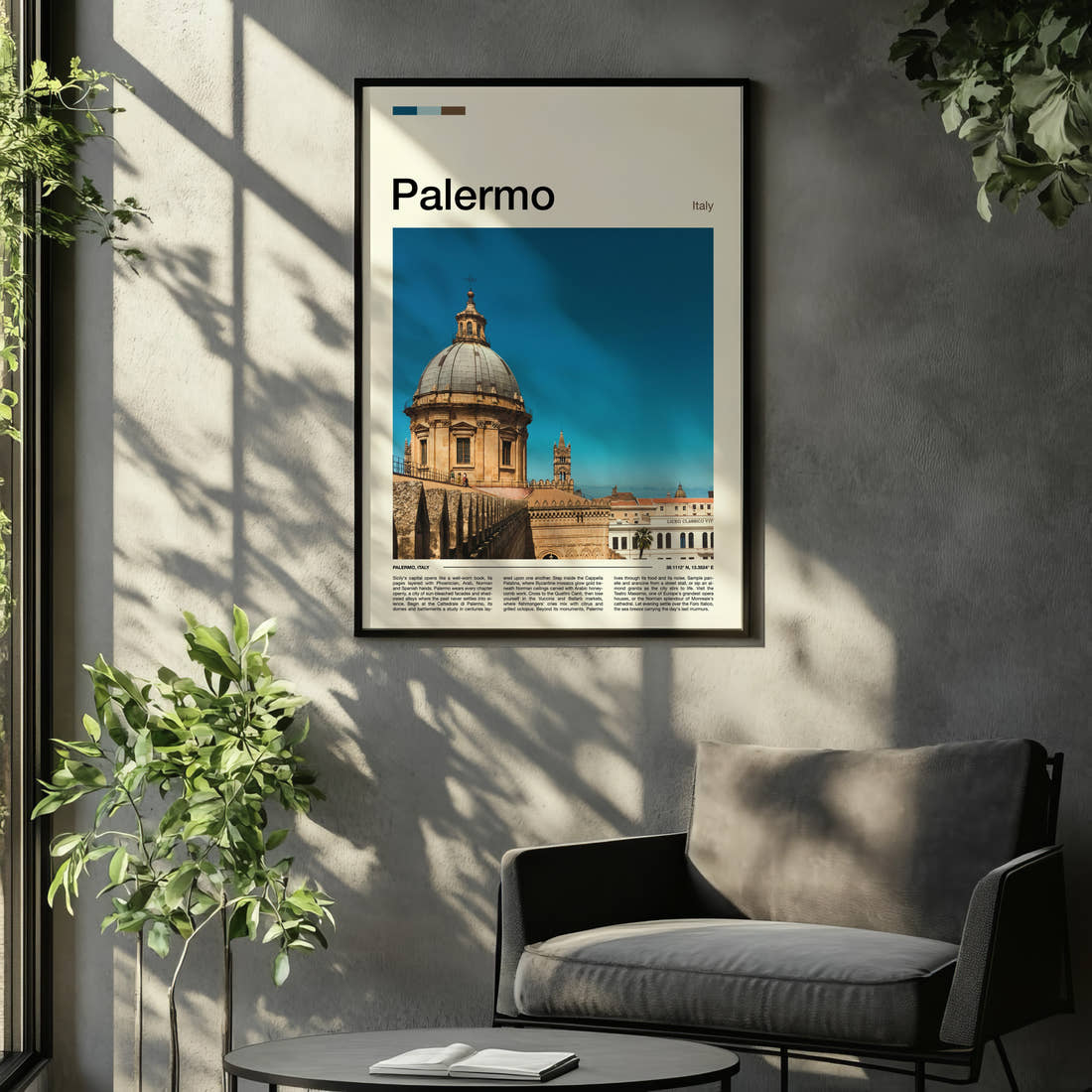 Palermo Cathedral Dome View Travel Print framed on the wall of a relaxed living room