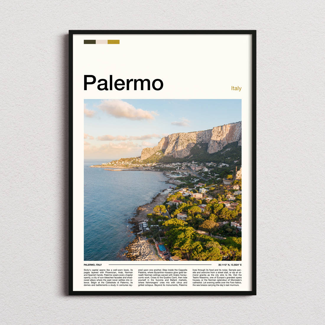 Palermo Coastal Cliff View Travel Print framed and photographed straight on