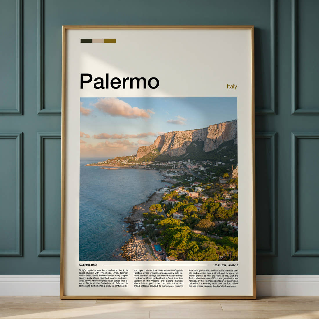 Palermo Coastal Cliff View Travel Print framed on the wall of a calm, neutral bedroom
