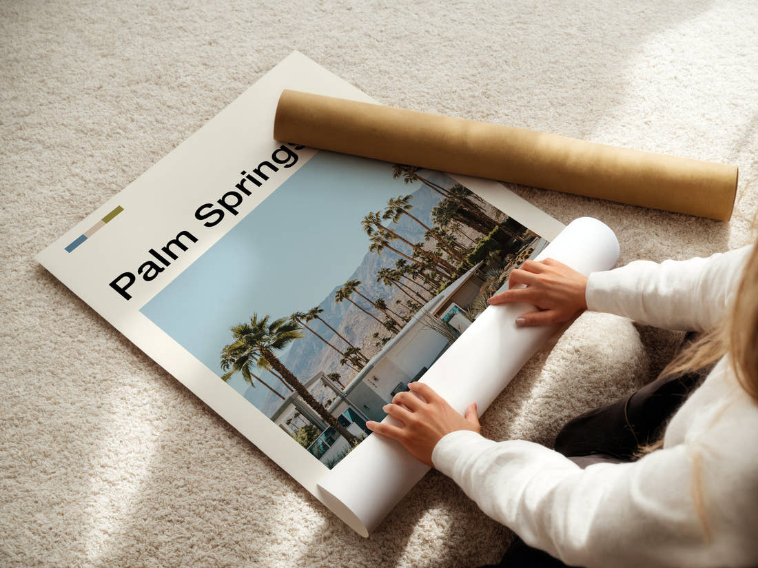Palm Springs Mid Century Modern House Travel Print being unrolled from its postal tube