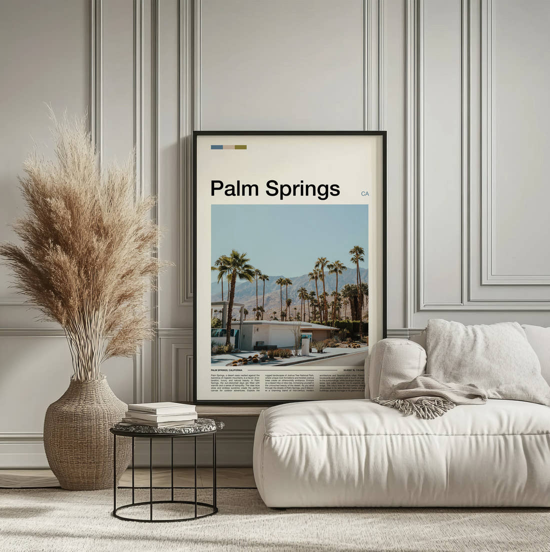 Palm Springs Mid Century Modern House Travel Print framed on the wall of a calm, neutral bedroom