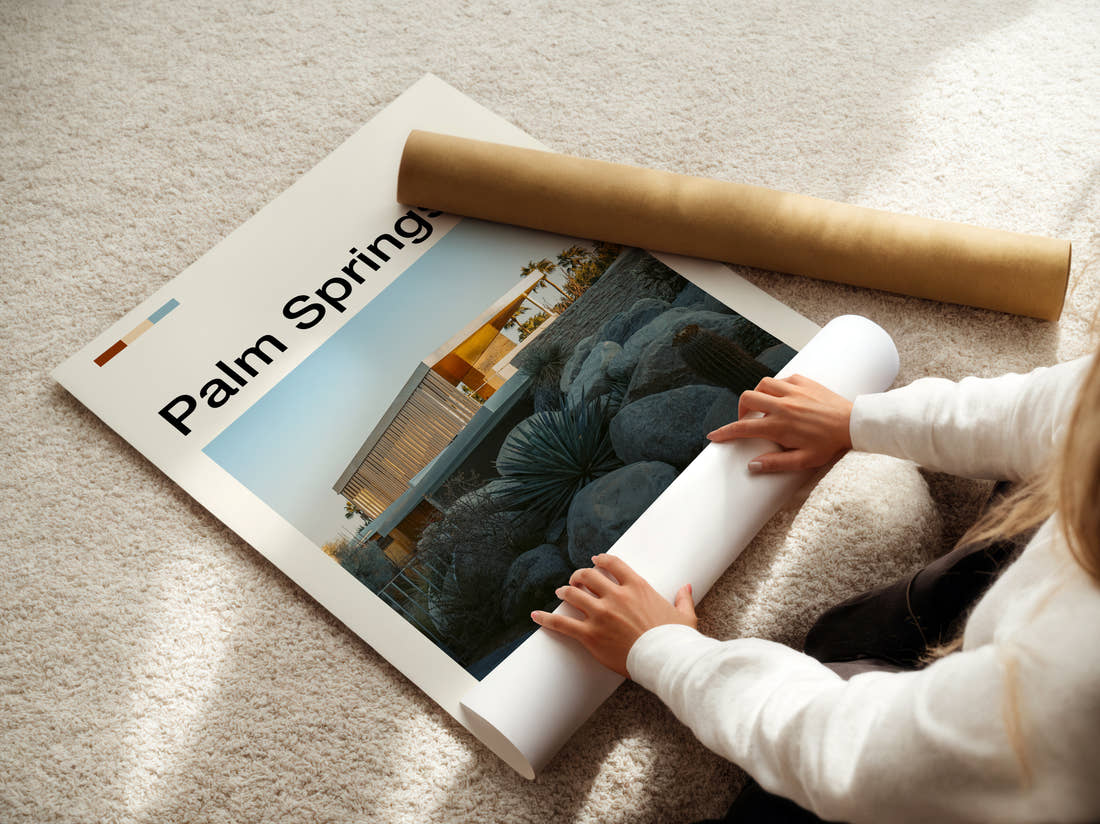 Palm Springs Modernist House Among Boulders Travel Print being unrolled from its postal tube