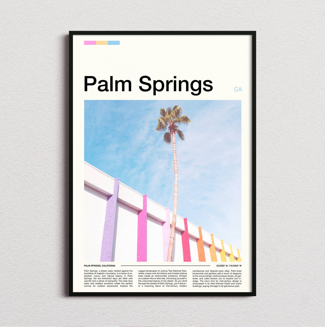 Palm Springs Palm Tree And Pink Wall Travel Print framed and photographed straight on